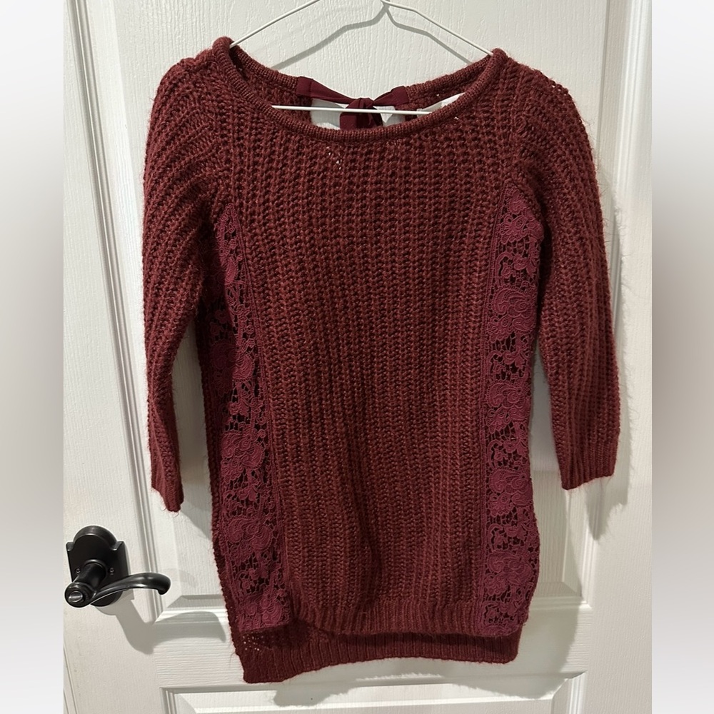 Lauren Conrad Tunic Sweater with Lace Details Tie Bow Back in Burgundy Wine XS